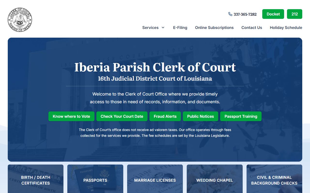 Iberia Parish Clerk of Court website for DUI case records in New Iberia