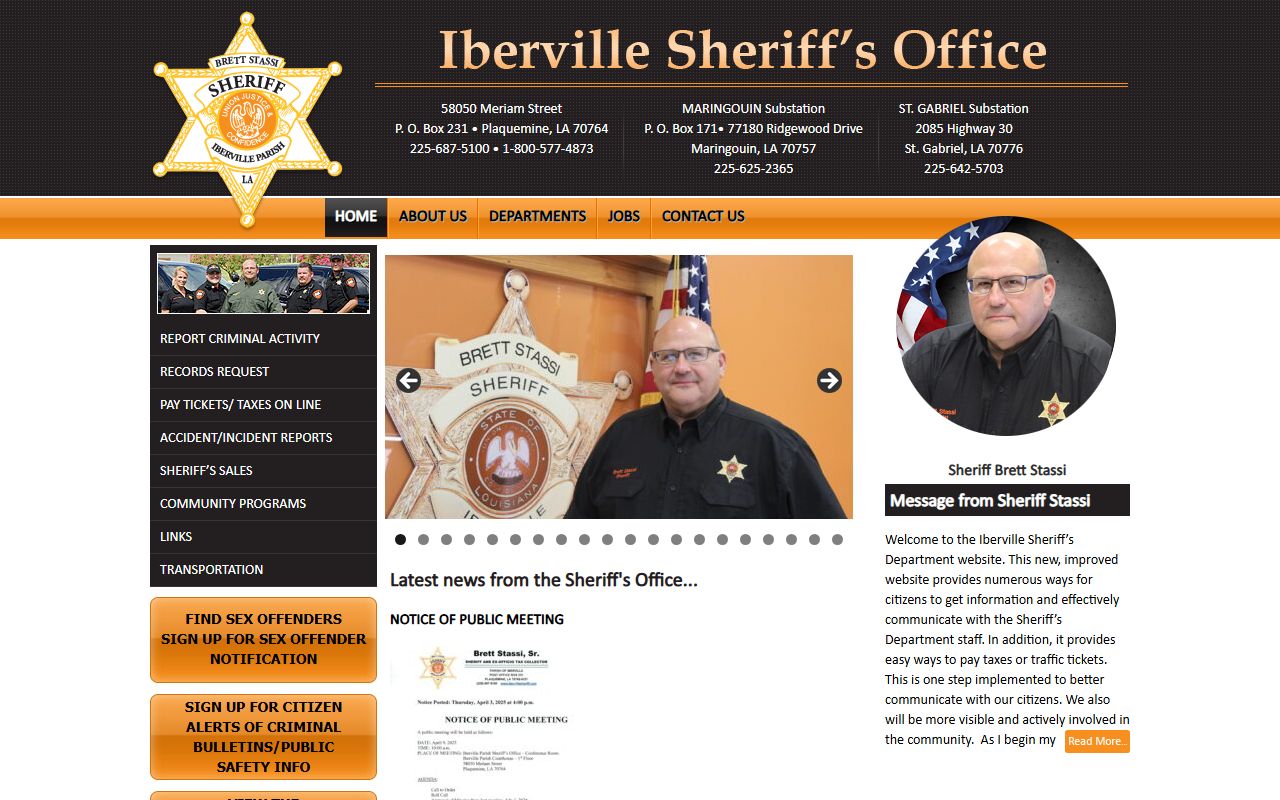 Iberville Parish Sheriff's Office website for DUI arrest records and background checks in Plaquemine
