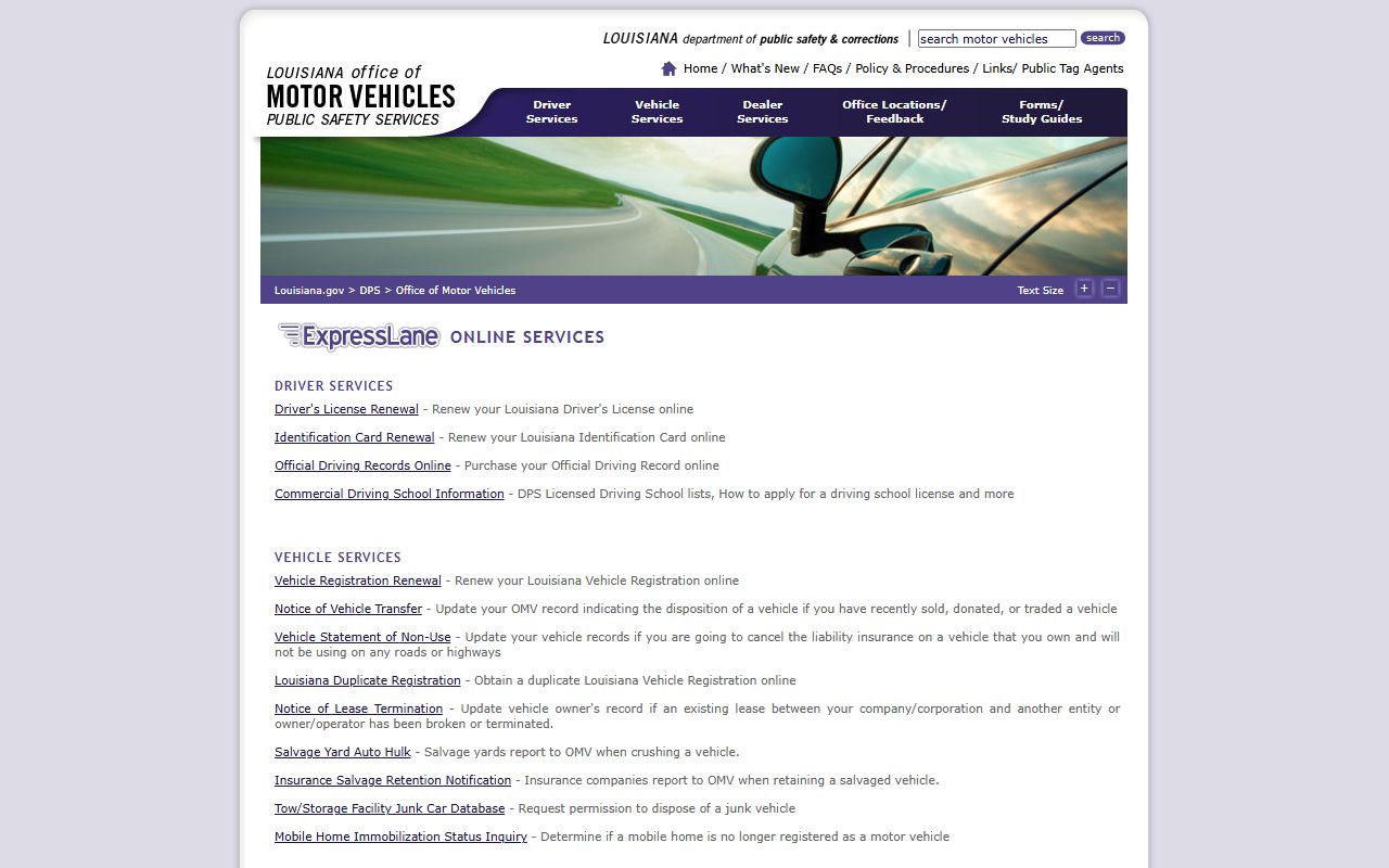 Louisiana OMV online services for DUI license and driving record requests