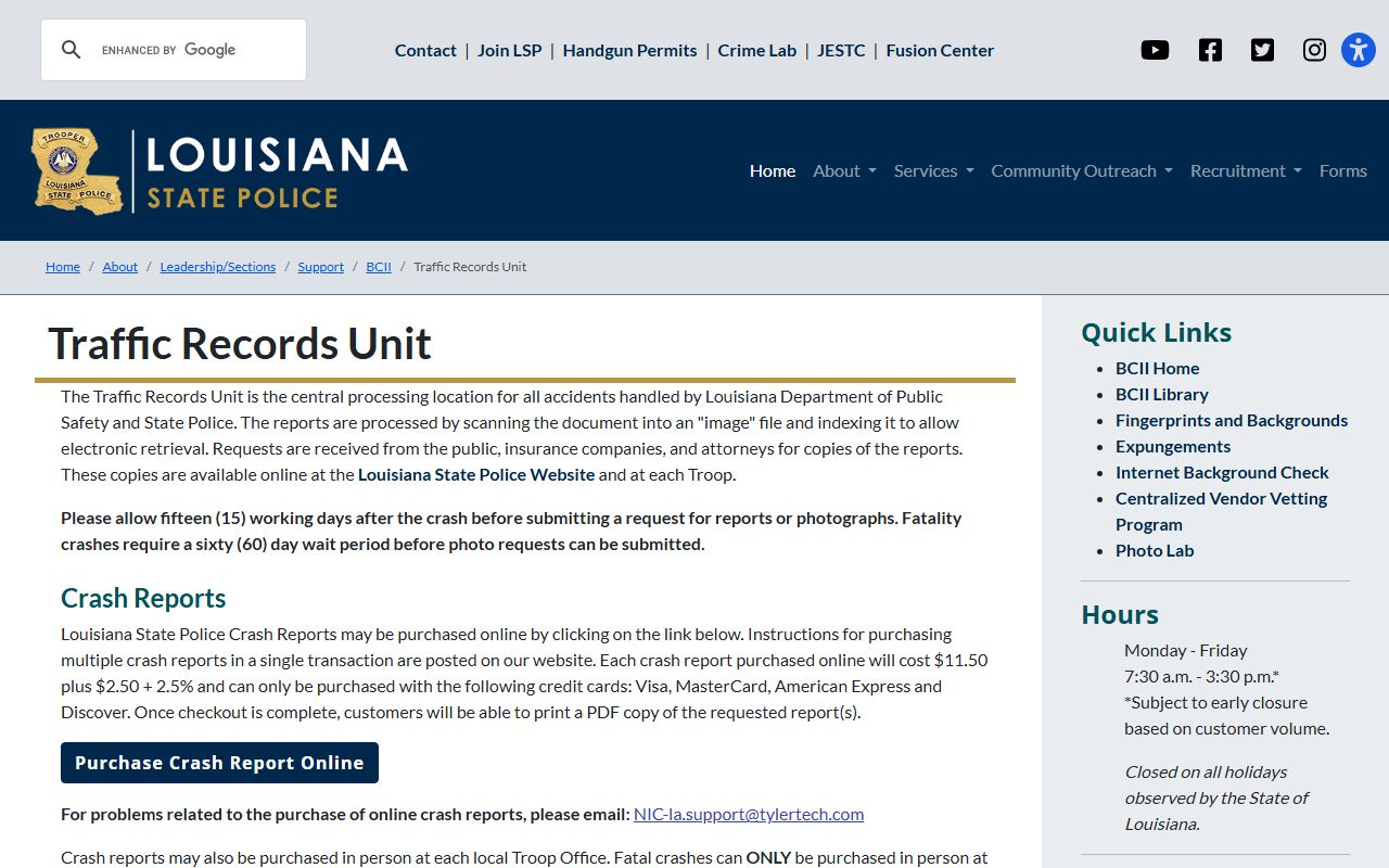 Louisiana State Police Traffic Records Unit for DUI crash report processing